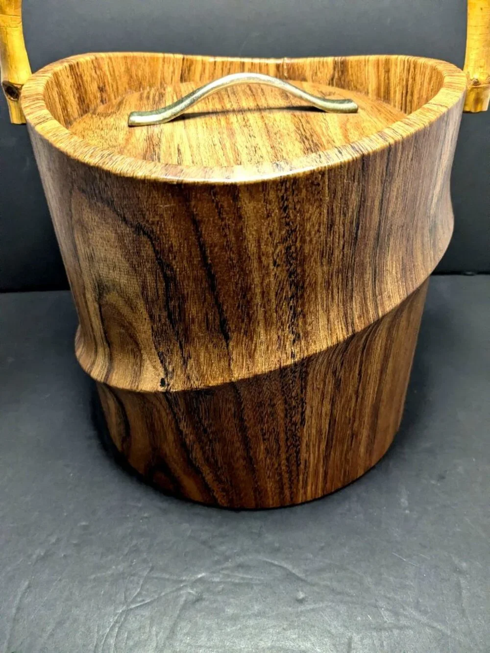 Vtg. Bamboo Handle Faux Wood Ice Bucket by Kraftware MCM Tiki Barware Kitch